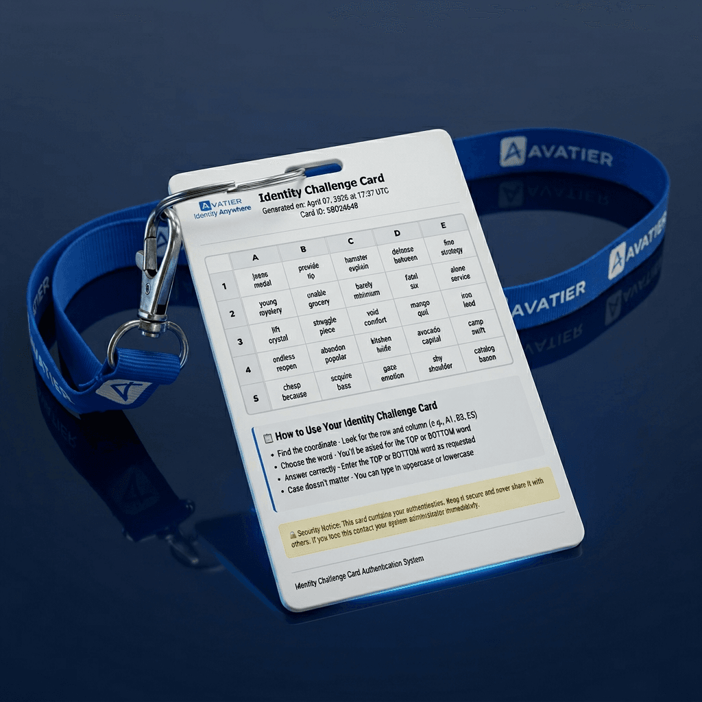 Avatier Identity Challenge Card — deviceless multi-factor authentication badge for secure login verification